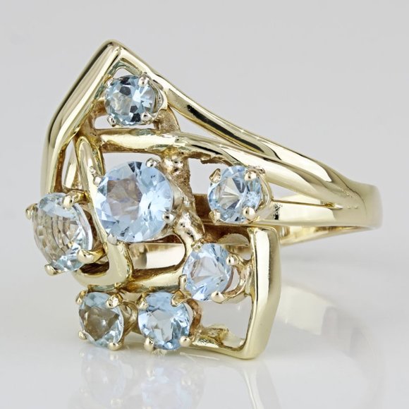 Vintage 14k Yellow Gold Aquamarine Gemstone Anniversary Cocktail Birthstone Ring - Picture 4 of 7
